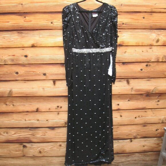 Mac Duggal 10736 Womens Sequin Faux Wrap Sequined Long Sleeve Gown - Picture 6 of 15